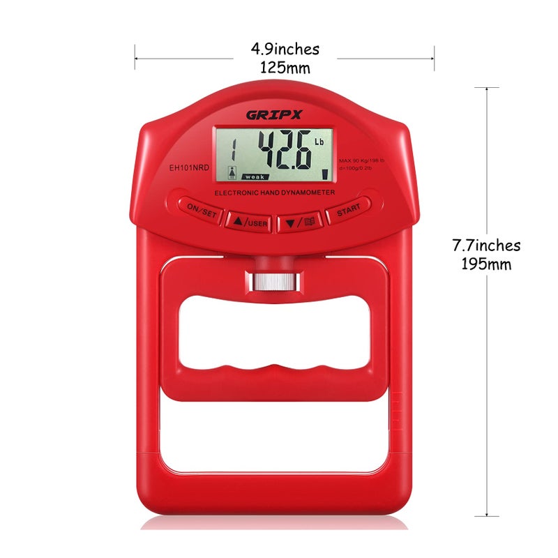 GRIPX Digital Hand Dynamometer Grip Strength Measurement Meter Auto Capturing Electronic Hand Grip Power 198Lbs / 90Kgs  Red - Image 2